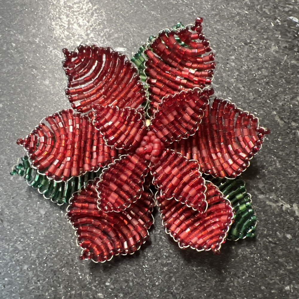 Vintage Flower Poinsettia Brooch Pin All Seed‎ Beads Red Green Handmade Large 3D